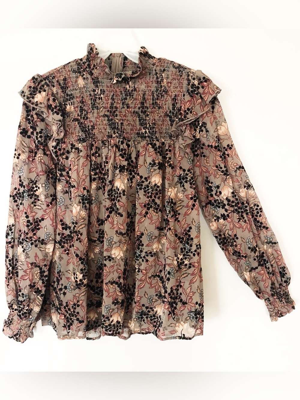 Knox Rose Burnout Velvet Floral Smocked Ruffle Neck Top Medium Business Office